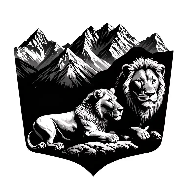 Lions And A Cub With Mountains