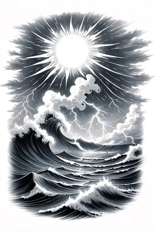 Sun Above Thunderstorm With Rain And Lightning Over Ocean Waves Crashing