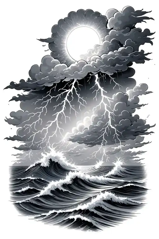 Top Part Of Sun Above Thunderstorm Clouds With Rain And Lightning Over Ocean Waves Crashing