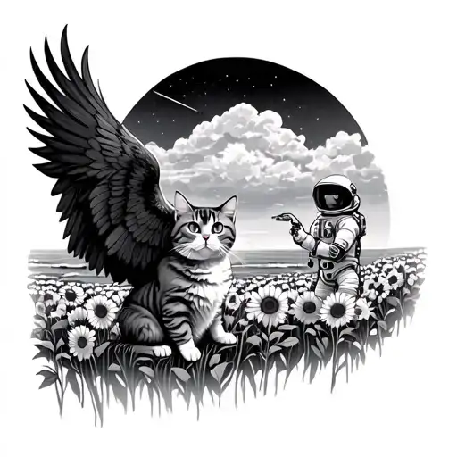 Phoenix Rising In The Sunflower Field Beside The Ocean And An Astronaut Holding A Scottish Fold Cat