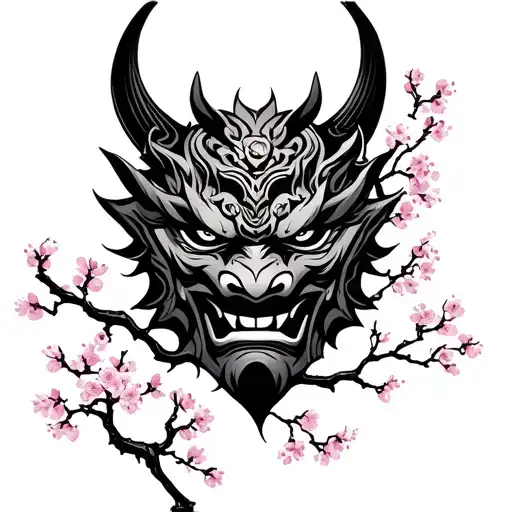 Oni Mask With Cherry Blossom Tree Silhouette