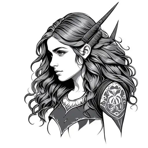 Right Arm Viking Girl Profile Long Wavy Hair