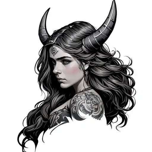 Right Arm Viking Girl Profile Long Wavy Hair