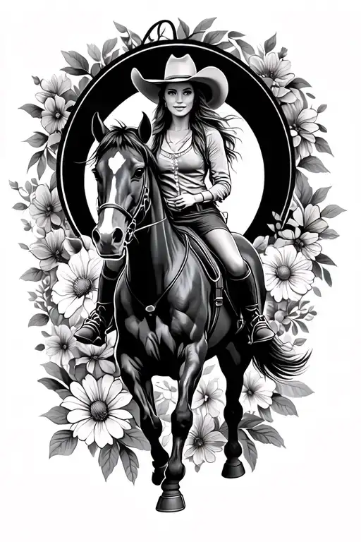 Cowgirl On Horse Bucking Horse With Flowers In The Background