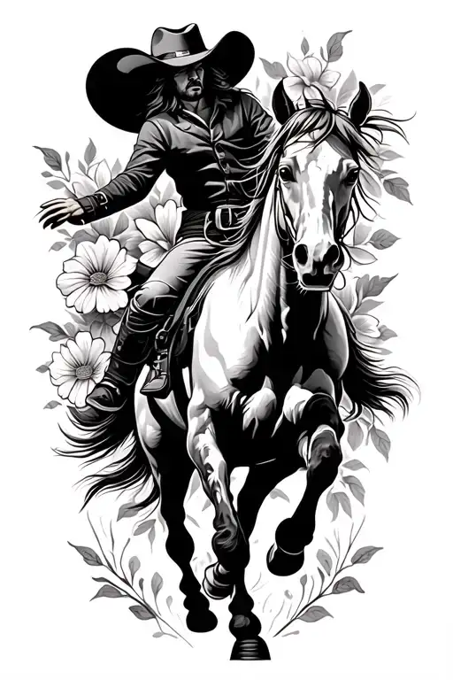 Outlaw On Horse Bucking Horse With Flowers In The Background
