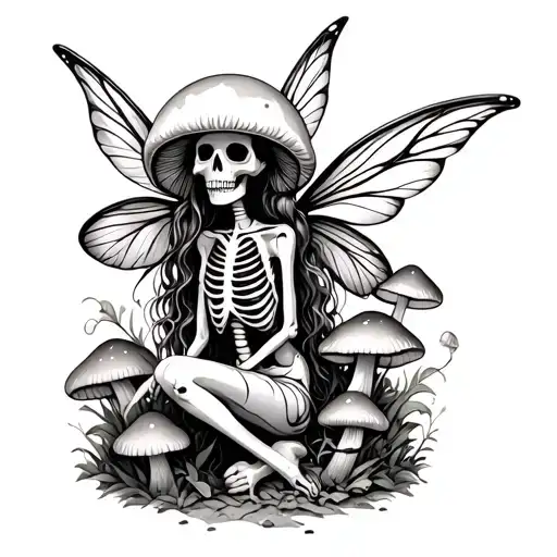 Skeleton Mushroom Fairy Surrounded With Bones And Mushrooms