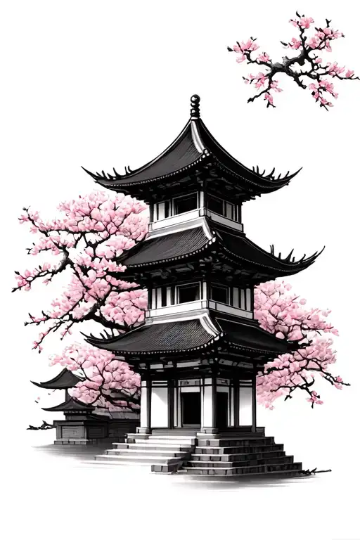 Chinese Temple With Cherry Blossom