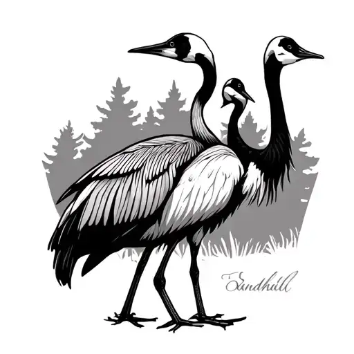 To Sandhill Crane Standing With One Another With A Woodsy Background