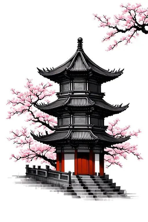 Chinese Temple With Cherry Blossom