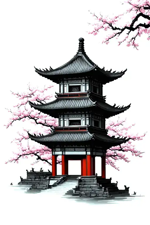 Chinese Temple With Cherry Blossom