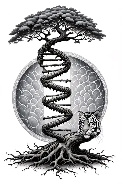 Tree Of Life Growing Roots Into The Dna Double Helix With Set Of Scales Tiger In Background
