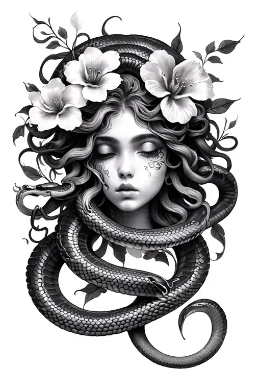 Realistic Black And White Medusa Tattoo With 2 Snakes And 6 Flowers