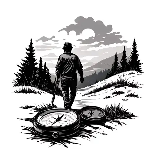 A Silloette Man Walking Away In Nature With A Pocket Compass At The Bottom