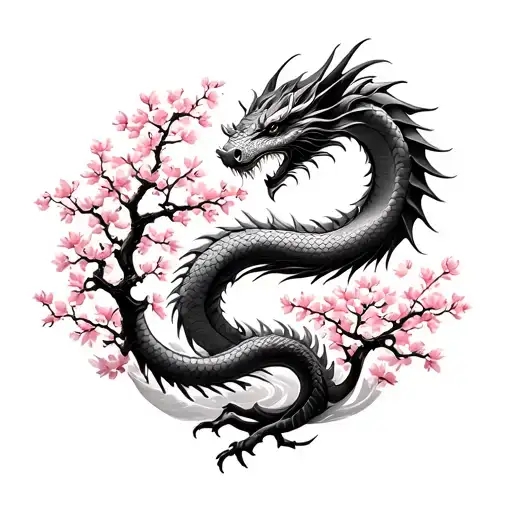 Dragon Wrapping Around A Cherry Blossom Tree