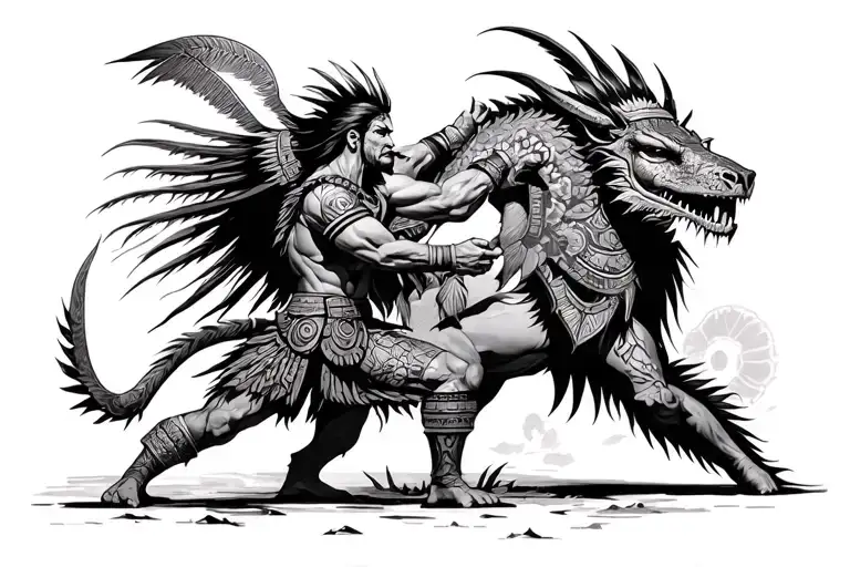 Aztec Warrior Battling Mythical Creatures