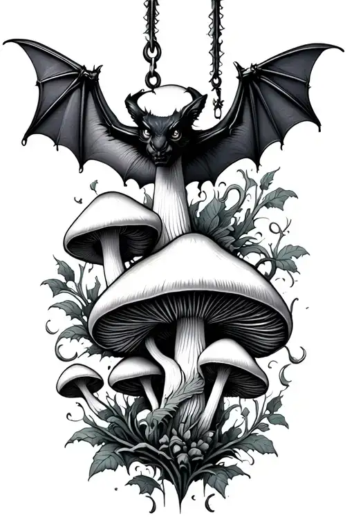 Bat Hanging Upside Mushrooms Gothic Inspired