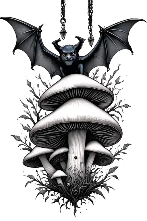 Bat Hanging Upside Mushrooms Gothic Inspired