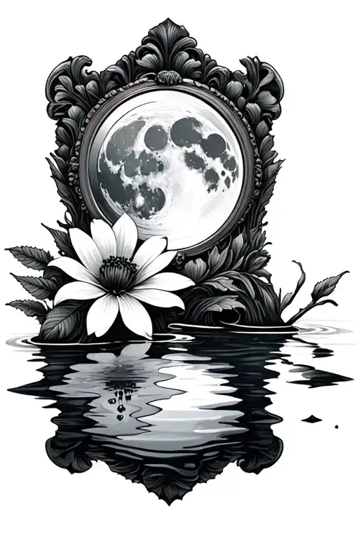 Flower Reflecting In A Mirror And The Moon Reflecting In Water