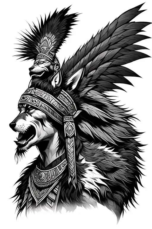 Aztec Warrior With Wolf Howling Under Him