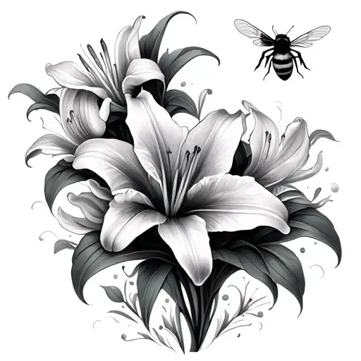 Lily Flowers And Bee Flying