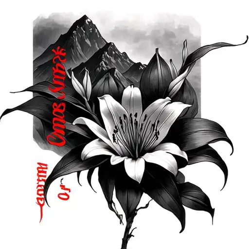 Mountain In Black With Word Fearless In Red Spider Lily