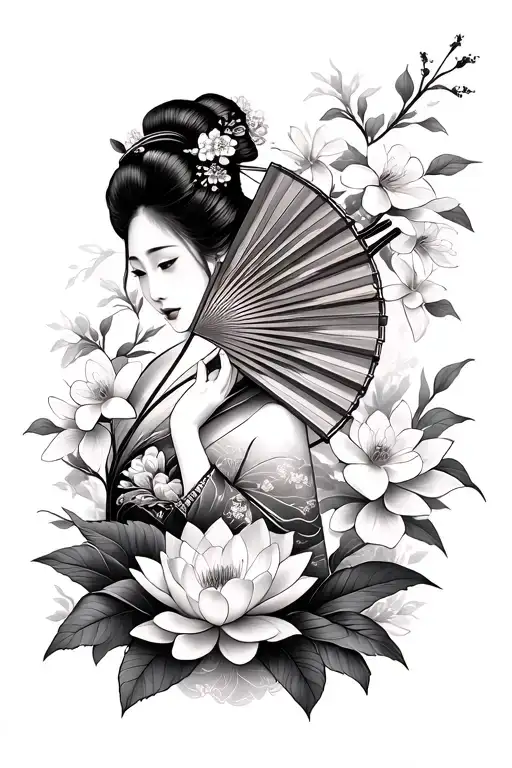 Geisha Covering Her Face With Oriental Fan Surrounded By Cherry Blossoms And Lotus Flowers