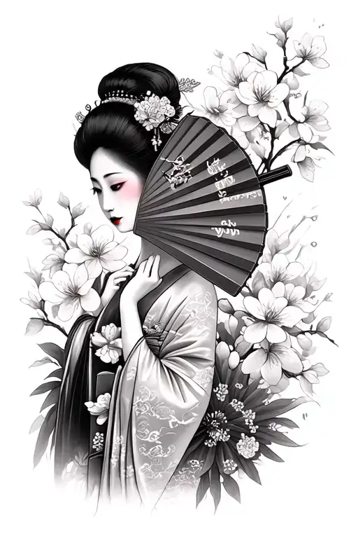 Geisha Covering Her Face With Oriental Fan Surrounded By Cherry Blossoms