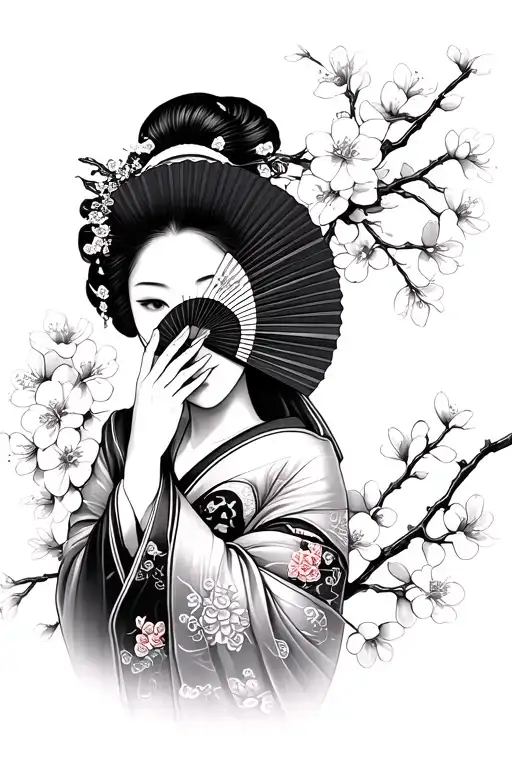 Geisha Covering Her Face With Oriental Fan Surrounded By Cherry Blossoms