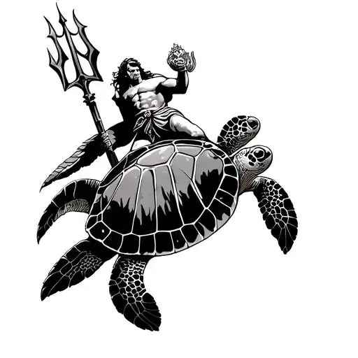 Neptune God With Trident On The Sea Turtle Swimming