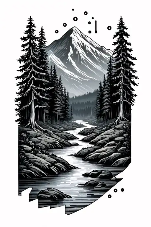 Microchip Circuit Infused With Forest With River Flowing And Mountain In Background