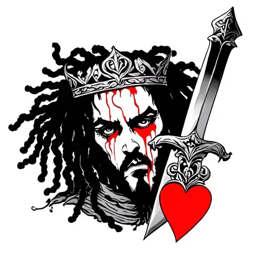 King Of Hearts With Dreadlocks And Eyes Bleeding With Sword Turned Toward Head