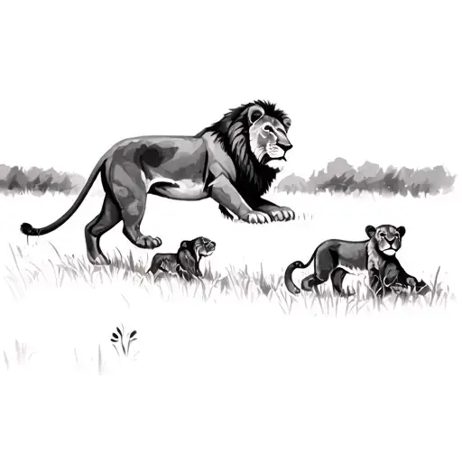 Lion And Cubs Playing In A Field