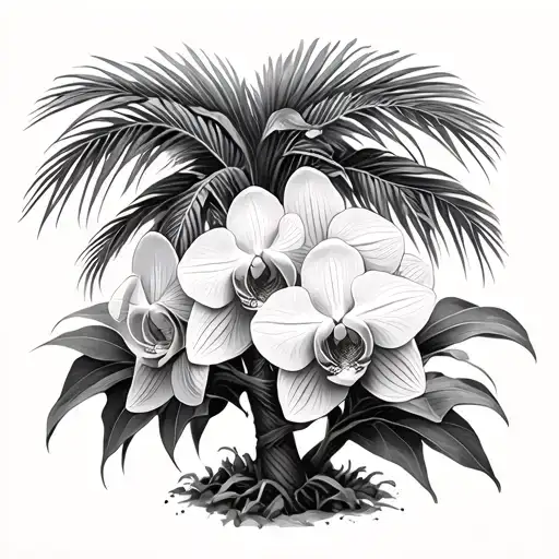 Palm Tree And Orchids Intertwined