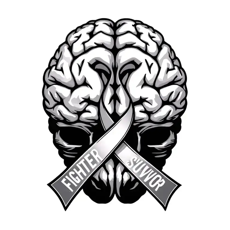 Gray Brain Cancer Ribbon With Fighter And Survivor On It