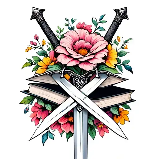 Colorful Flowers Books And Swords Crossed
