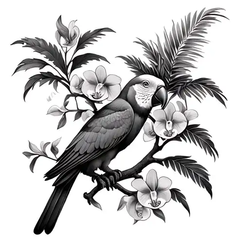 Palm Tree And Orchids Intertwined With A Macaw