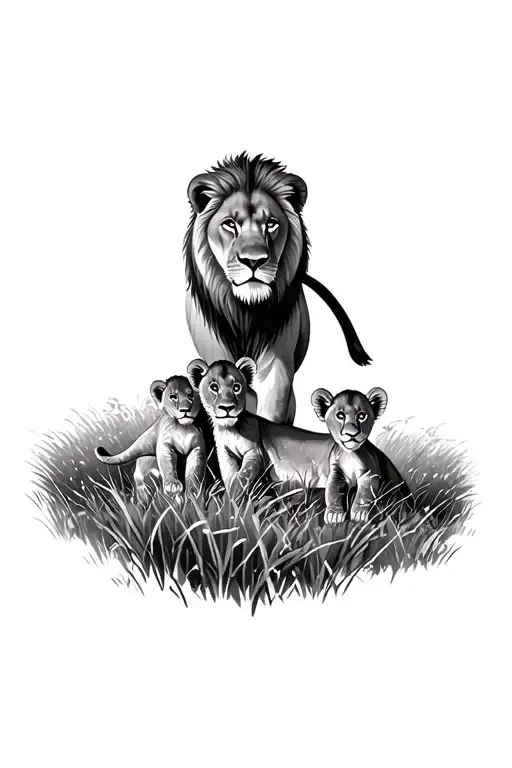 Lion And Cubs Playing In A Field