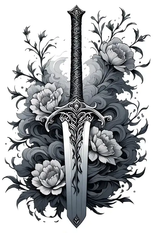 Samauri Sword Surrounded With Clouds And Flowers Intertwined