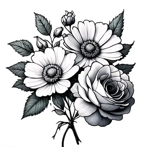 Minimalist Flower Bouquet With 2 Roses 1 Violet 1 Cosmos Fine Line