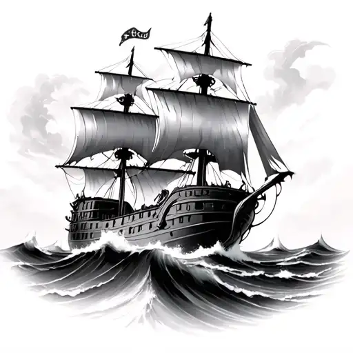 3 Decker Pirate Ship Sailing On Rough Seas