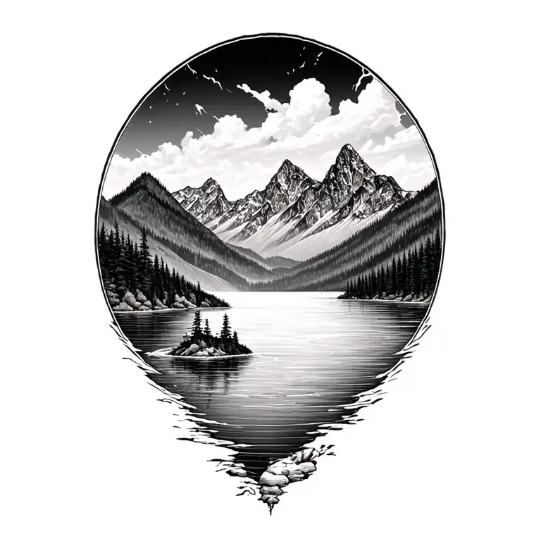 Lake And Mountains Insisde The Outline