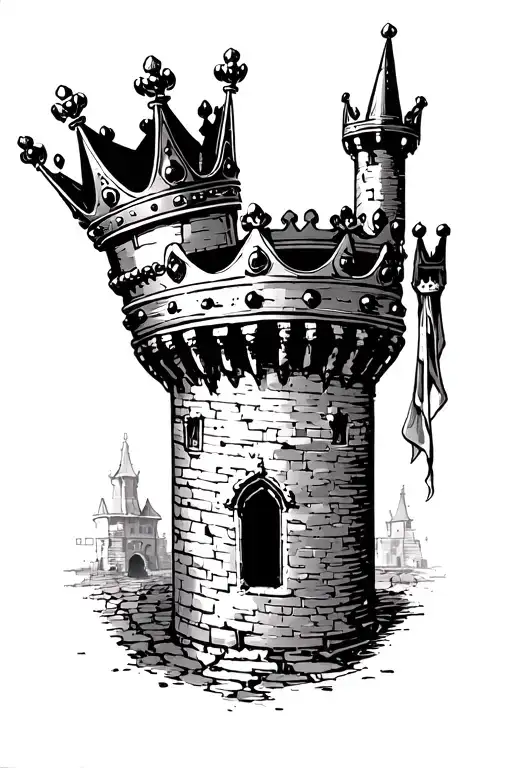 Castle Tower Queens Crown Woodcut Style