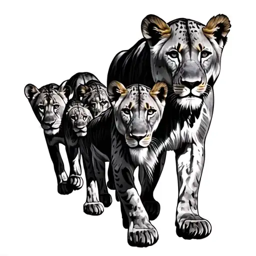 Lioness 6 Cubs Walking