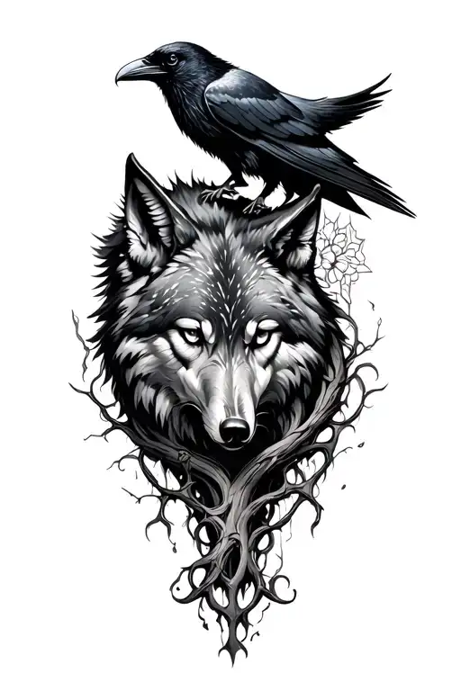 Yggdrasil Tattoo Incorporating A Wolf And A Raven