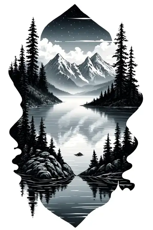 Lake And Mountains Insisde The Outline