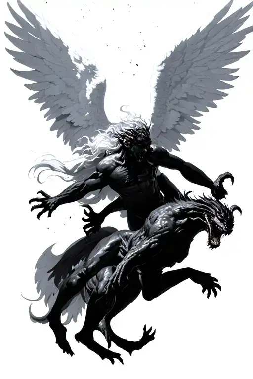 White Angel Attacking Black Demon From Above While Flying