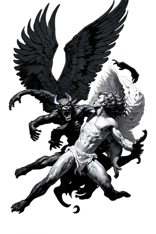 White Angel Attacking Black Demon From Above While Flying