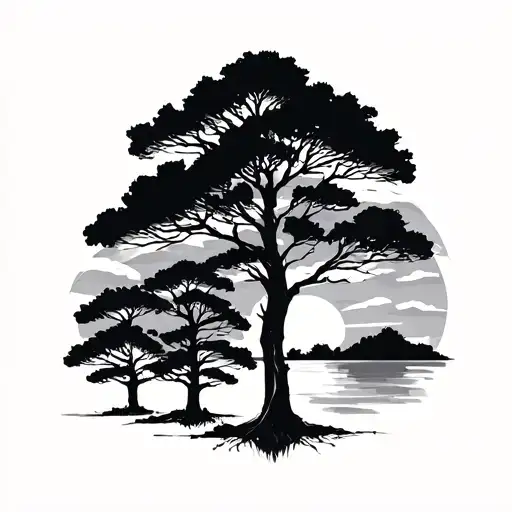 2 Large Trees And 3 Smaller Trees Colors Sunset