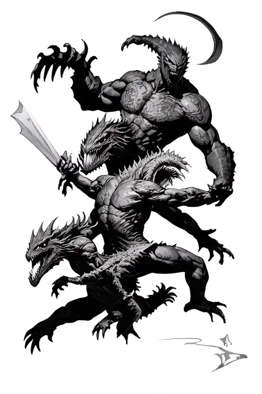 Heroes Fighting Monsters In Battle Scene