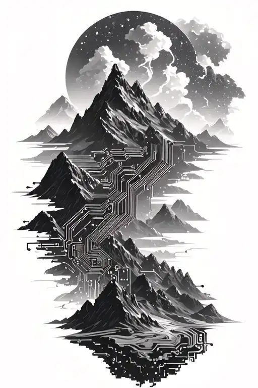 Microchip Circuit Infused In Mountains